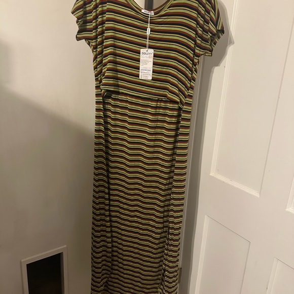 NEW Striped long Dress Green Brown navy gold maternity and nursing dress - Picture 1 of 6